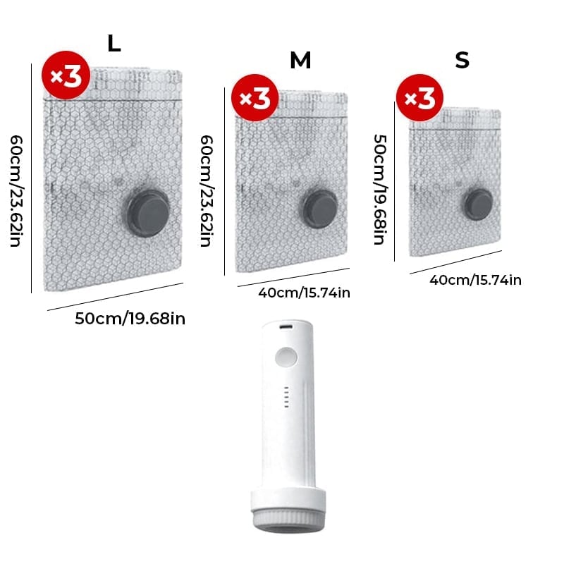 7 Mil Black Compression Bags-9pcs(3S+3M+3L)+ Flashlight Electric Air Pump